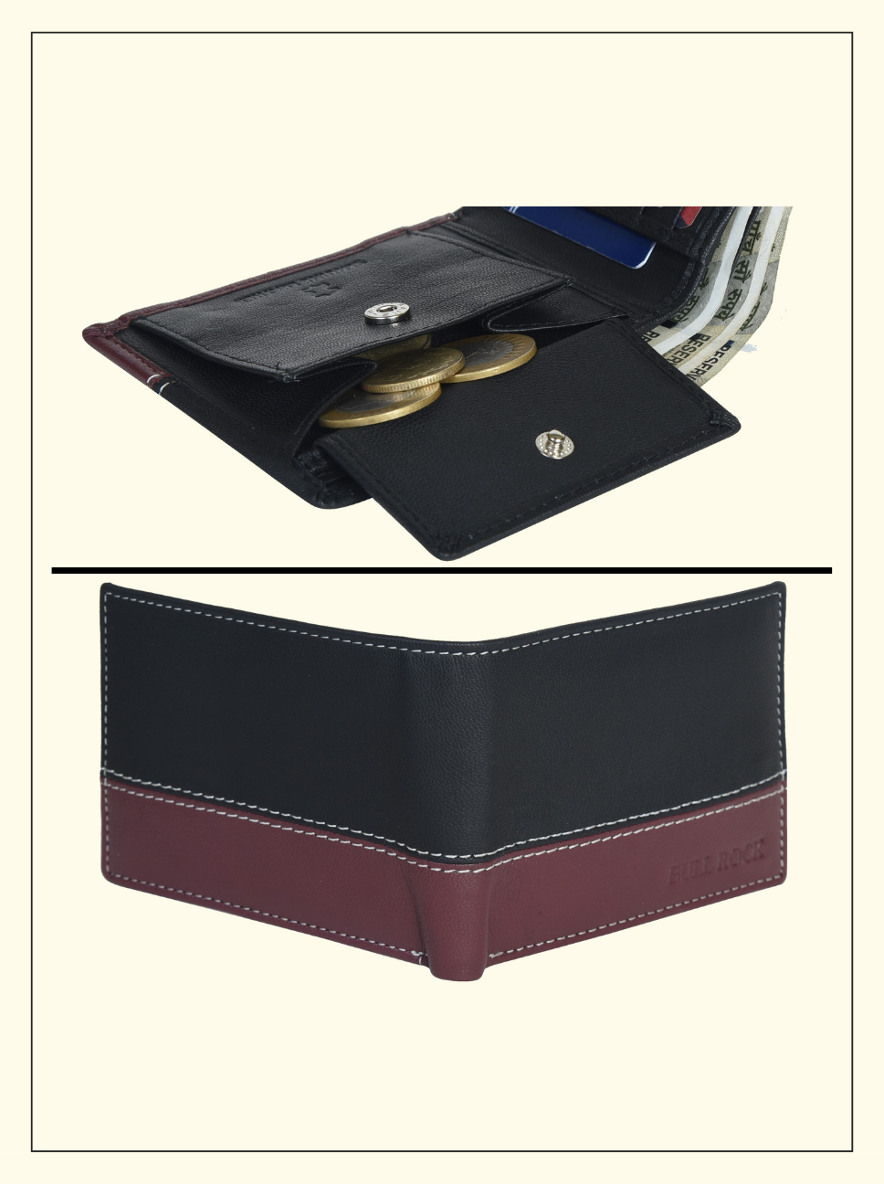 BIFOLD LEATHER WALLET – BLACK & MAROON CONTRAST STITCH