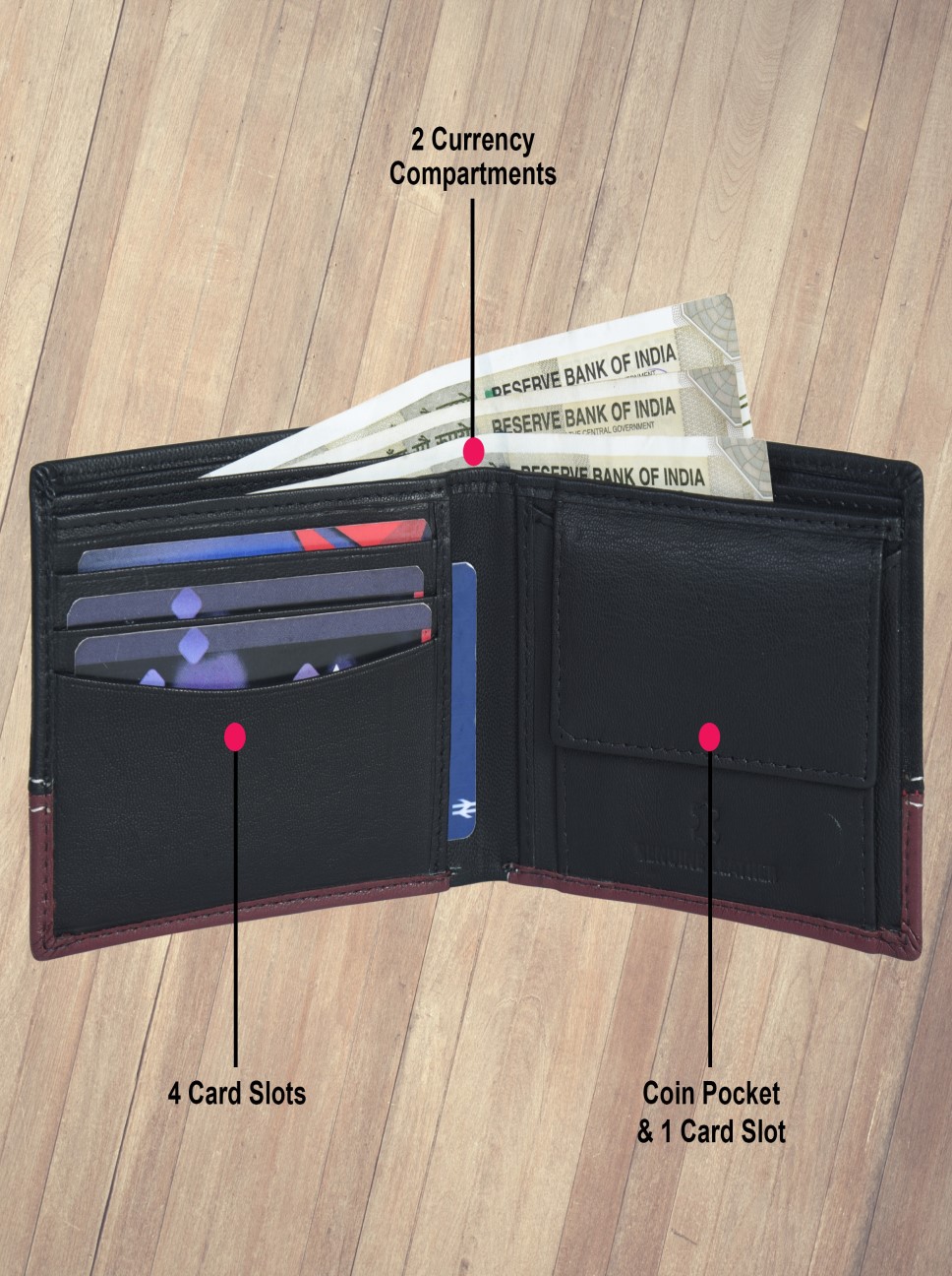 BIFOLD LEATHER WALLET – BLACK & MAROON CONTRAST STITCH