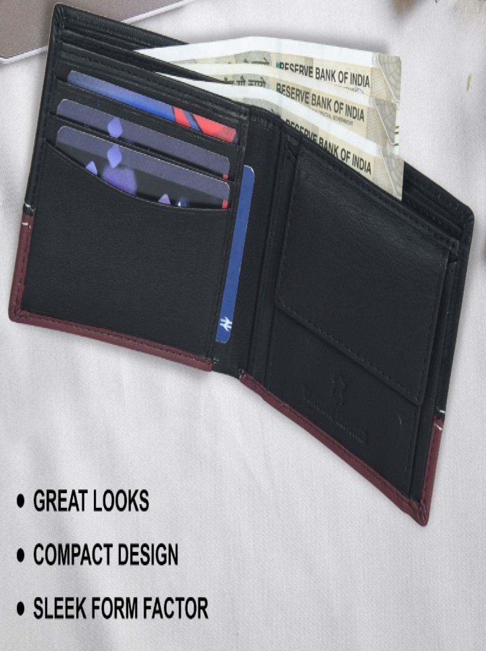 BIFOLD LEATHER WALLET – BLACK & MAROON CONTRAST STITCH